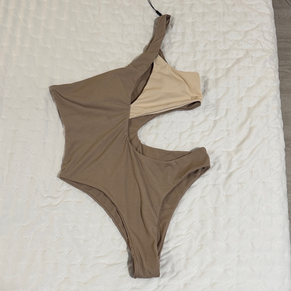 Asymmetrical Brown and Tan Swimsuit